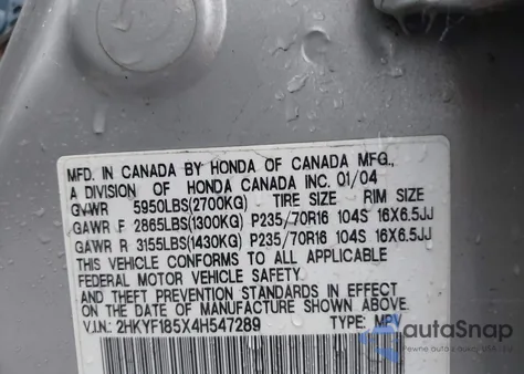 2004 Honda Pilot Ex-L z USA, uszkodzony, nr VIN 2HKYF185X4H547289